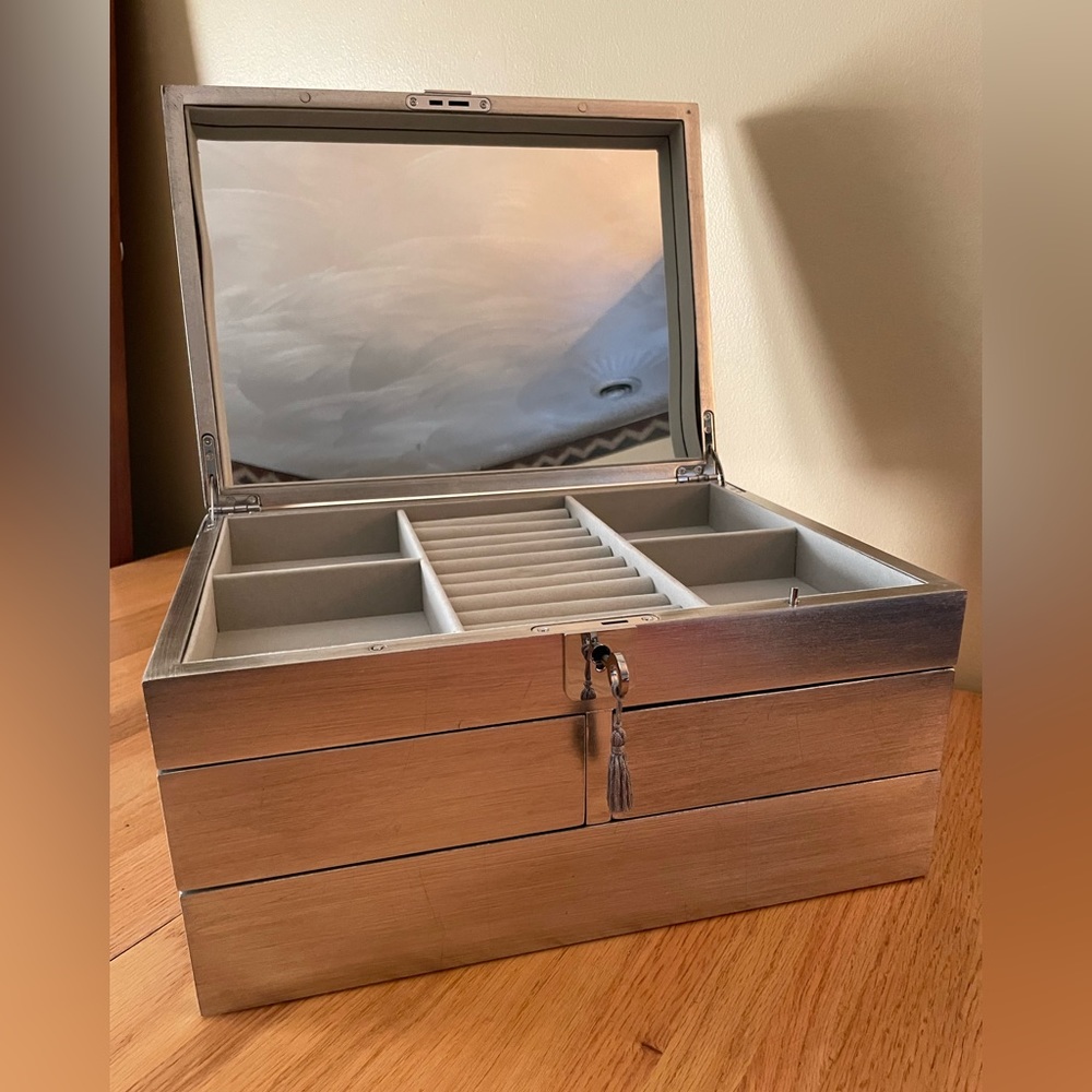 New; West Elm Grand Antique Silver Lacquer Jewelry Box